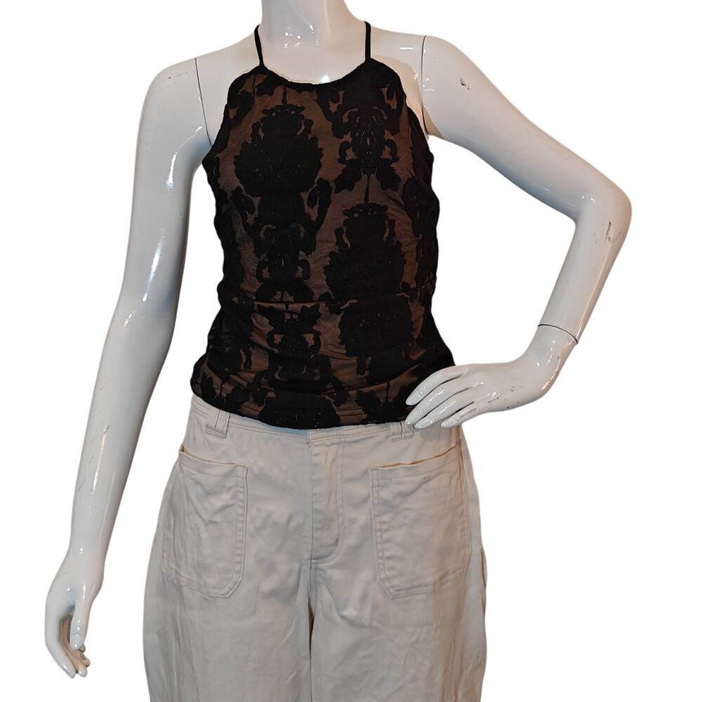 BKE Boutique Black Sheer Lace Tank XS Open Back Tie Top